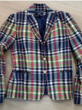 Vintage Ralph Lauren Blue Label Navy, Pink & Green Plaid Blazer SZ: 2